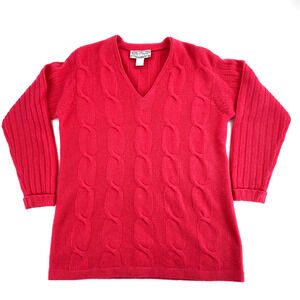 Vintage Womens Lambswool Angora Sweater Pink Cable Knit Ribbed V-Neck Sz‎ M